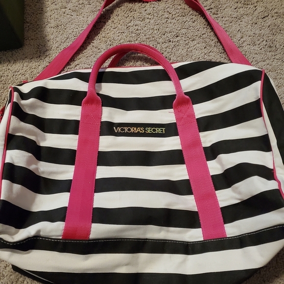 Victoria's Secret Handbags - Victoria's Secret Striped Duffle Style Weekend Bag with Pink Handles